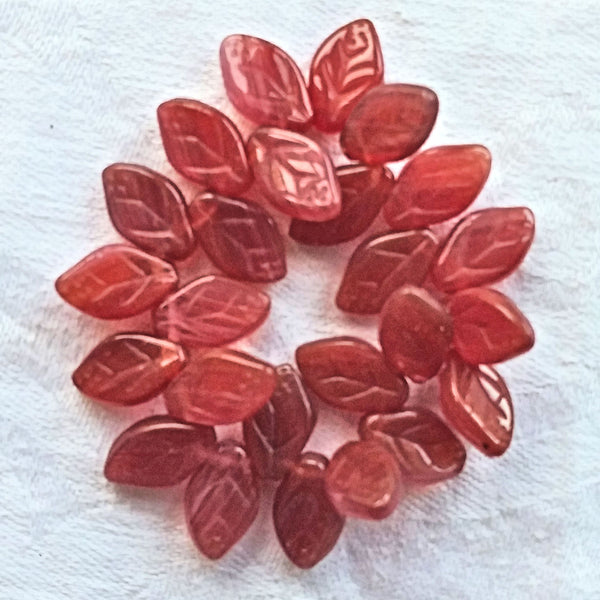 Lot of 25 Czech glass leaf beads -translucent pink carnelian mix - 12 x 8mm side drilled beads C72101 - Glorious Glass Beads