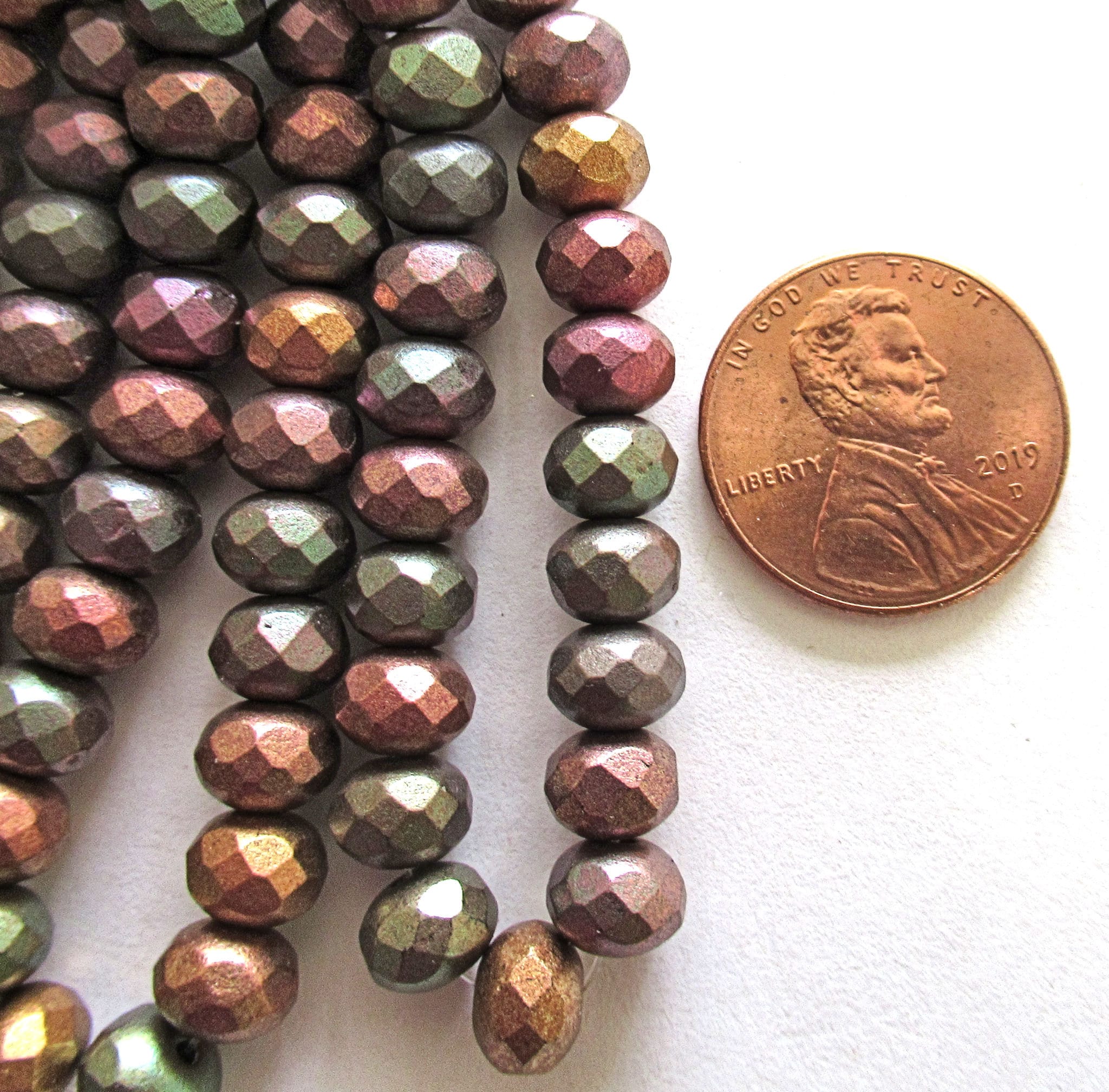 25 Czech glass puffy rondelle beads - opaque matte metallic mix earth tones - 5 x 7mm faceted fire polished rondelles C00031