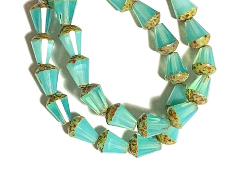 Lot of 15 Czech glass teardrop beads - aqua blue opal w/ a Picasso finish - special cut 8 x 6mm faceted firepolished beads C0031
