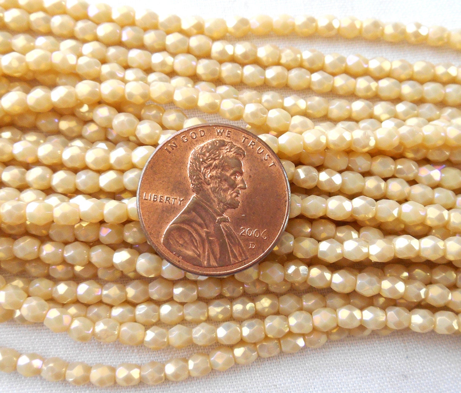 50 3mm Czech glass beads, Opaque, Off White, Antique Beige Luster Iris, fire polished, faceted round beads C3550