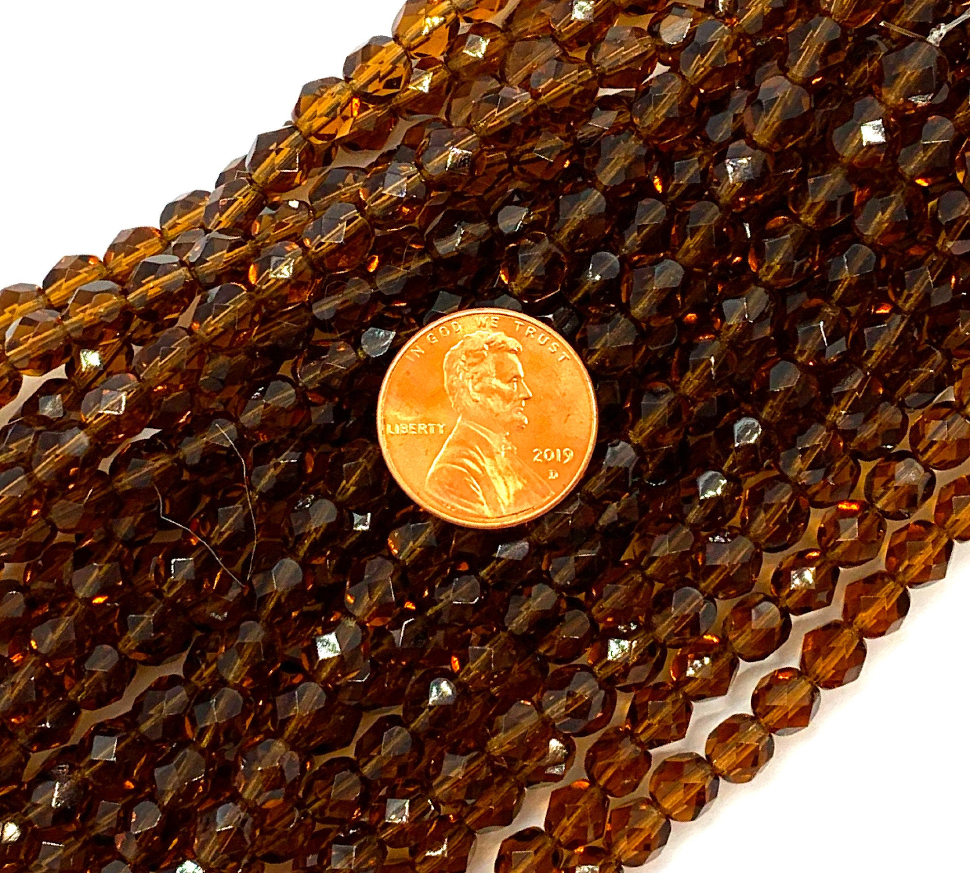25 faceted round Czech glass beads - 6mm fire polished smoky topaz or transparent brown beads - C0093