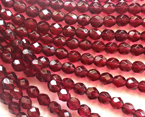 Lot of 25 6mm Czech glass beads, transparent fuchsia, deep, dark pink faceted,, firepolished, round beads 8725 - Glorious Glass Beads