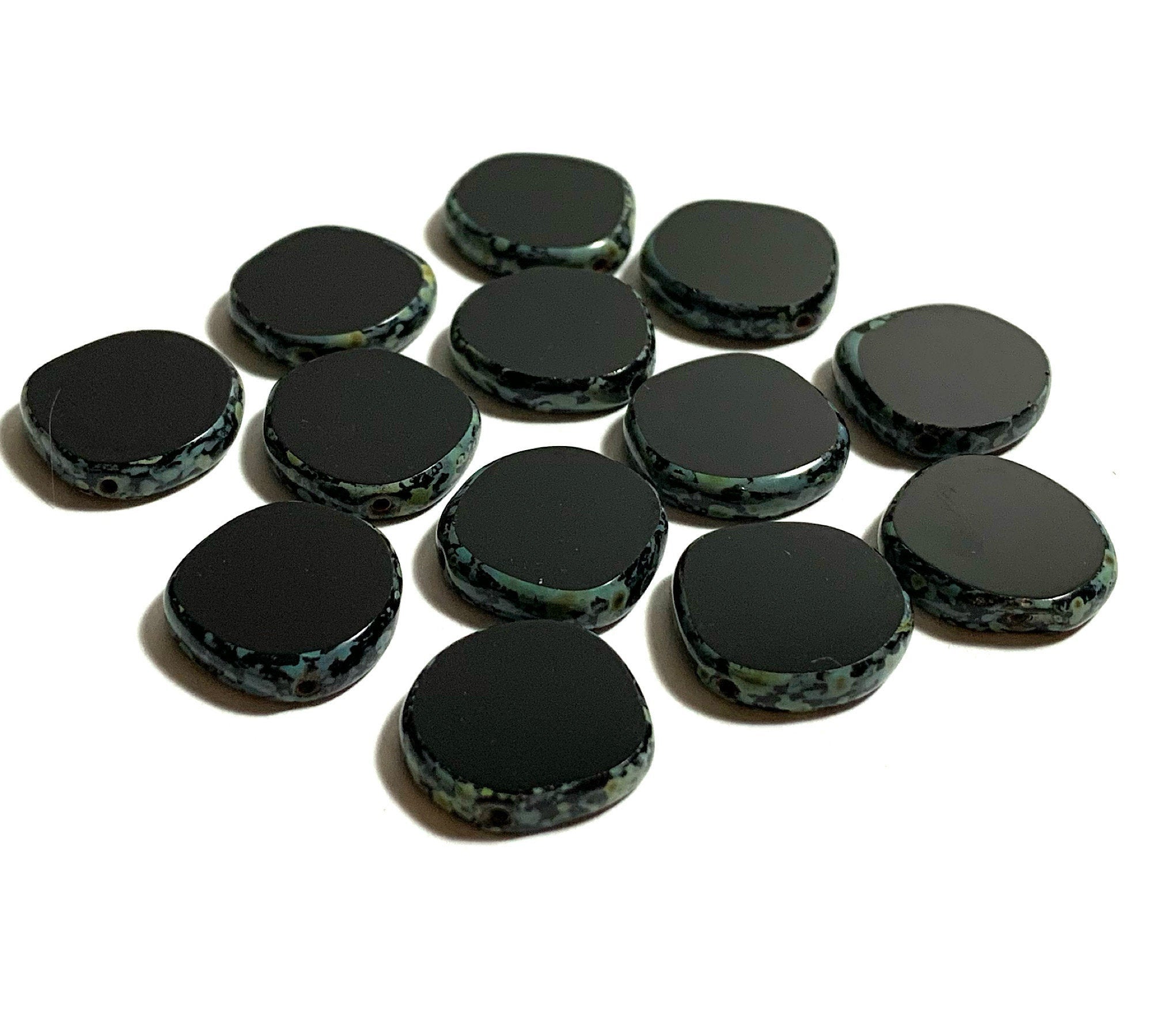 Six 15mm Czech glass asymmetrical coin or disc beads - jet black picasso table cut rustic earthy beads - C0601