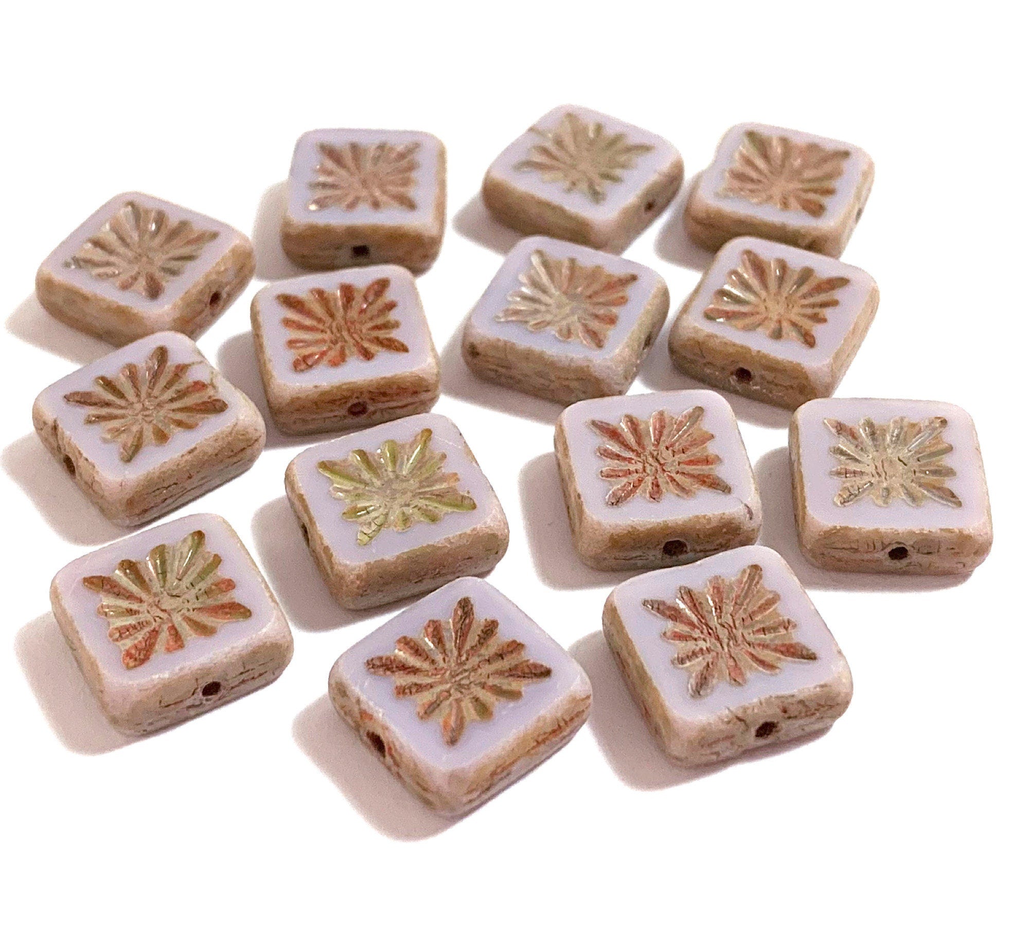 Ten 10mm x 10mm square opaque very light matte purple carved, table cut, Czech glass beads with picasso finish, front and back carved C0001