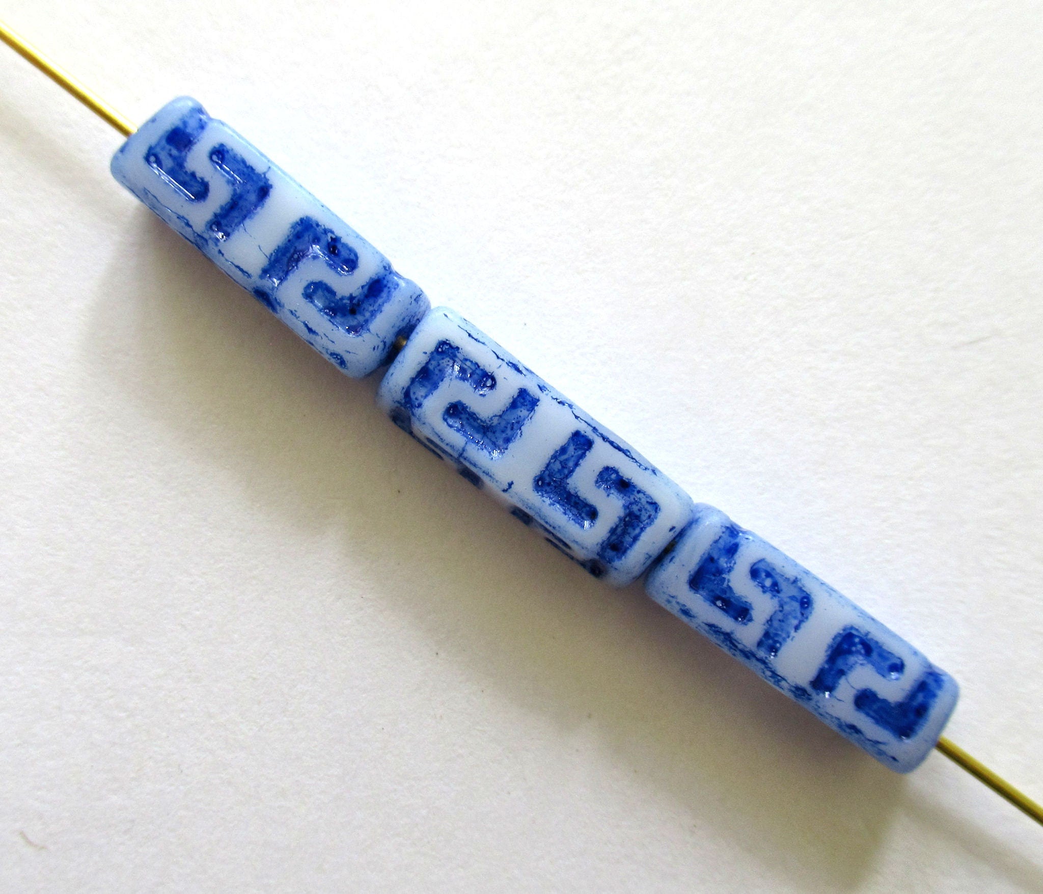 12 Czech glass beads - squared tube beads - Celtic block beads - white with a blue wash - 15 x 5mm C0045