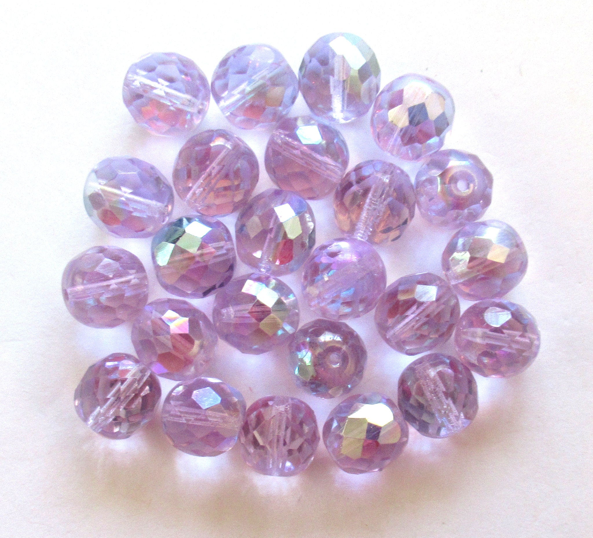 Twenty 10mm Czech glass fire polished faceted round beads - alexandrite, lilac, lavender AB beads C0089