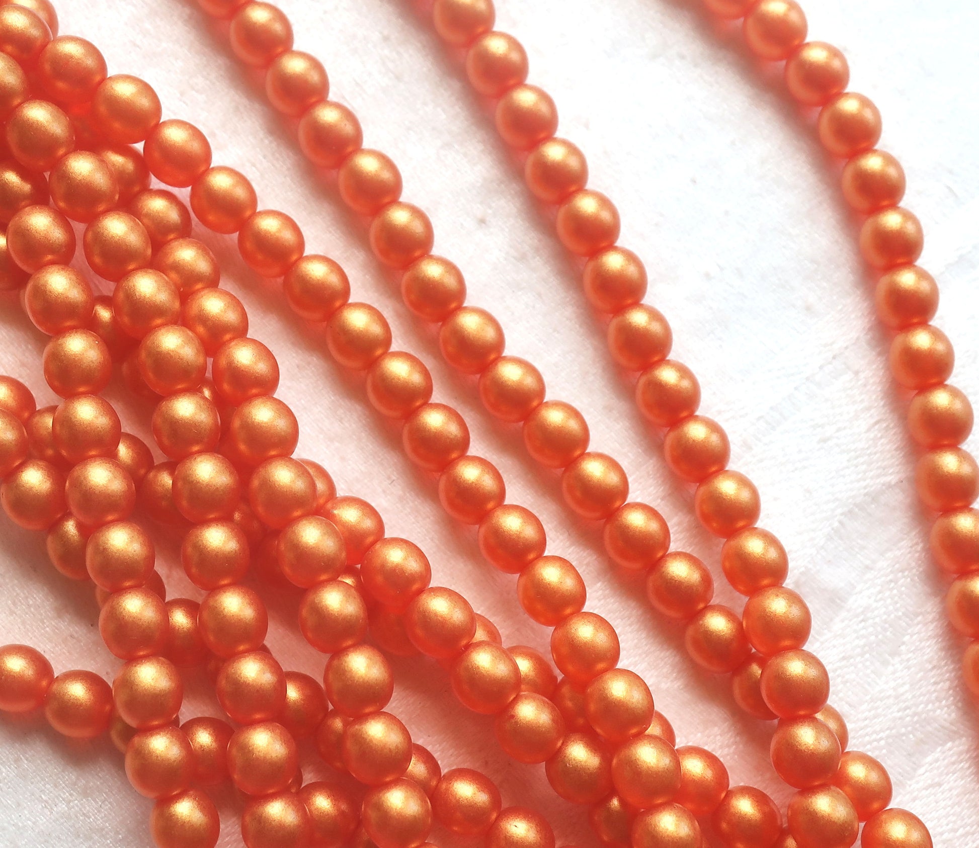 50 6mm Czech glass beads, Sueded Gold Lame Hyacinth, bright orangem tangerine, smooth round druk beads C4950 - Glorious Glass Beads