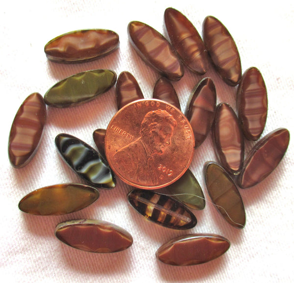 Ten Czech glass spindle beads - 16 x 6mm table cut almond shaped - translucent & transparent brown / green silk mix w/ picasso edges