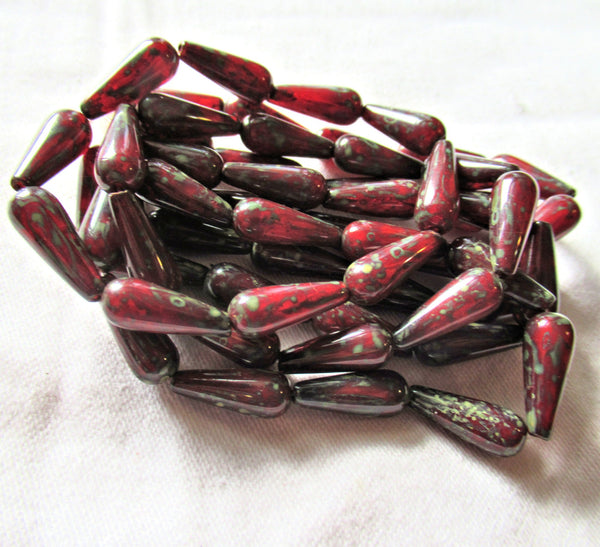 Lot of ten Czech glass teardrop beads - opaque red with a picasso finish - 6 x 15mm rustic, earthy elongated tear drops 14106