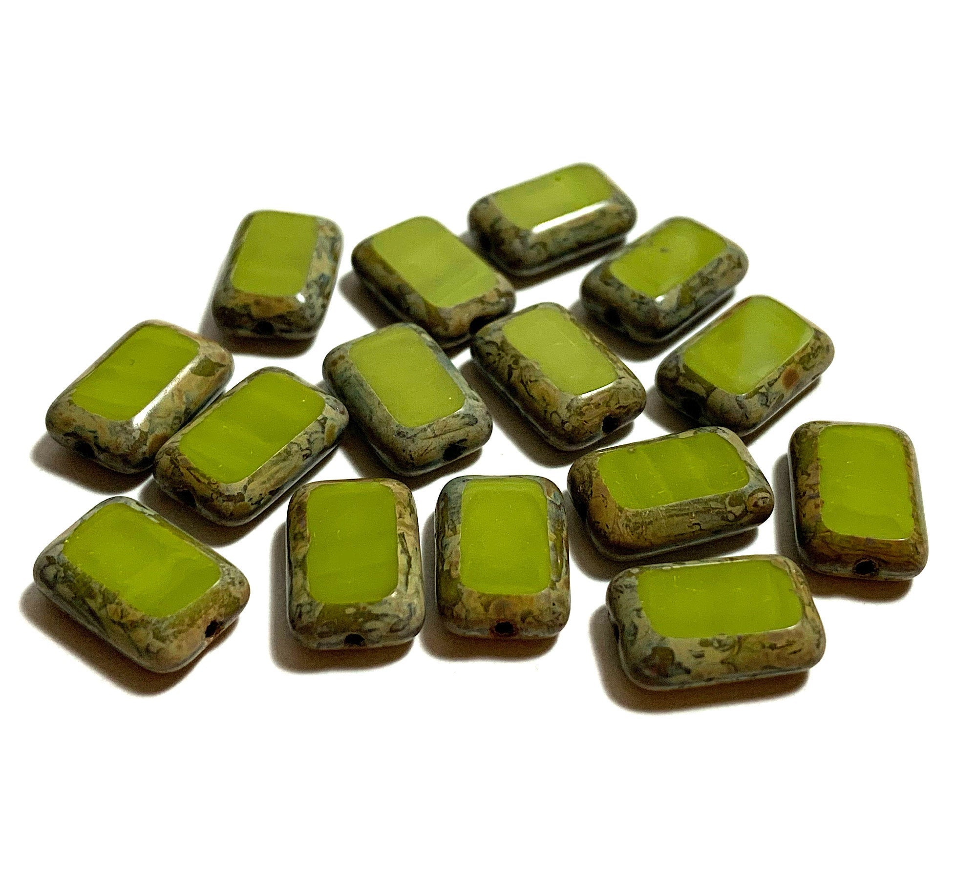 Ten Czech glass rectangle beads - 8 x 12mm opaque avocado green rustic earthy table cut beads with Picasso finish along the edges - C0009