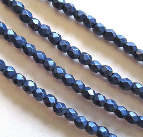 Lot of 50 3mm Czech glass beads - saturated metallic ultra blue violet faceted fire polished round beads C0063