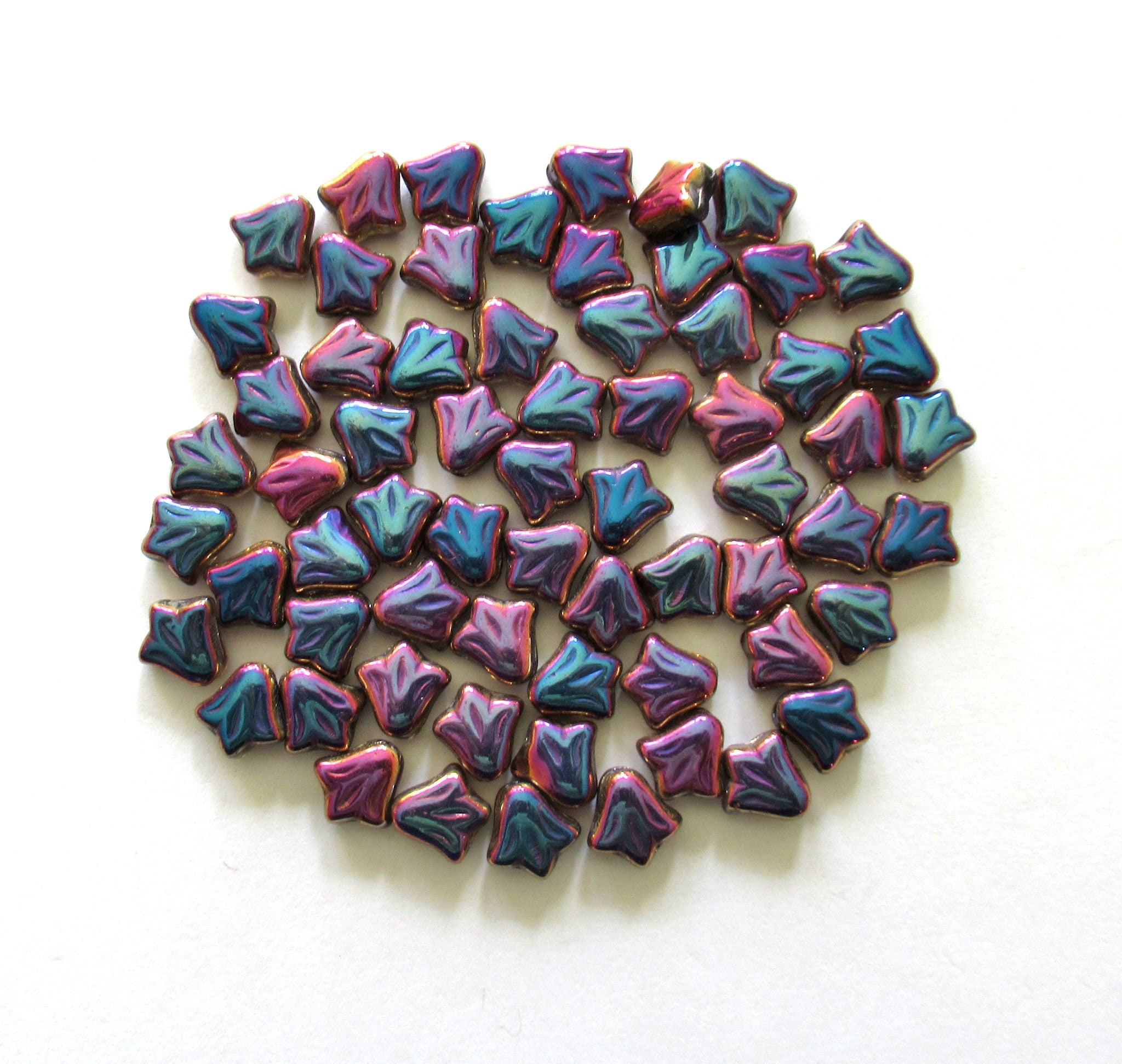 Lot of 25 9mm Czech glass flower beads - blue, pink & purple metallic rainbow pressed glass lily flower beads C0088