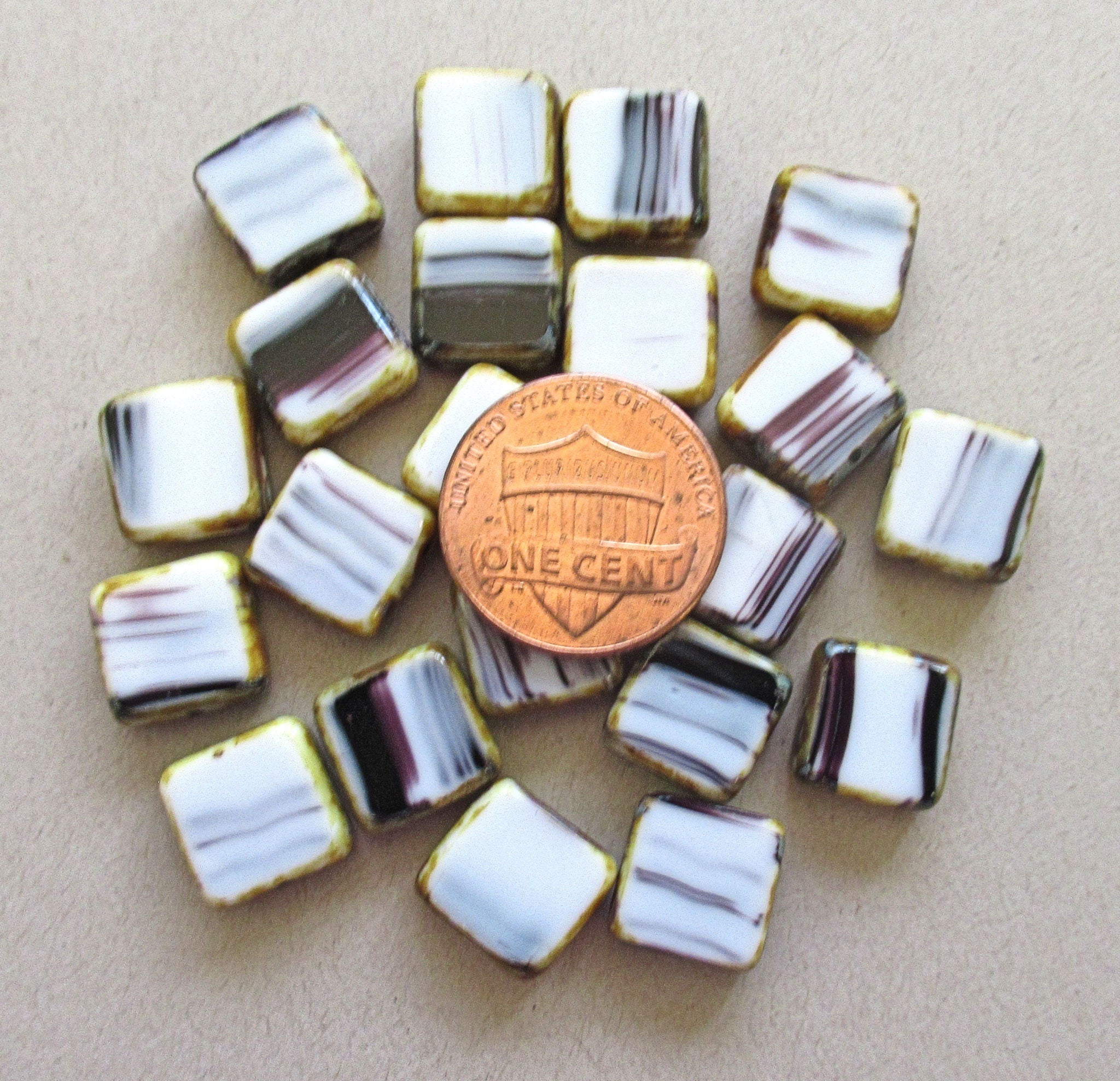 Ten 10mm Czech glass square beads - 10 x 10mm opaque white and amethyst purple beads - table cut beads - C0411