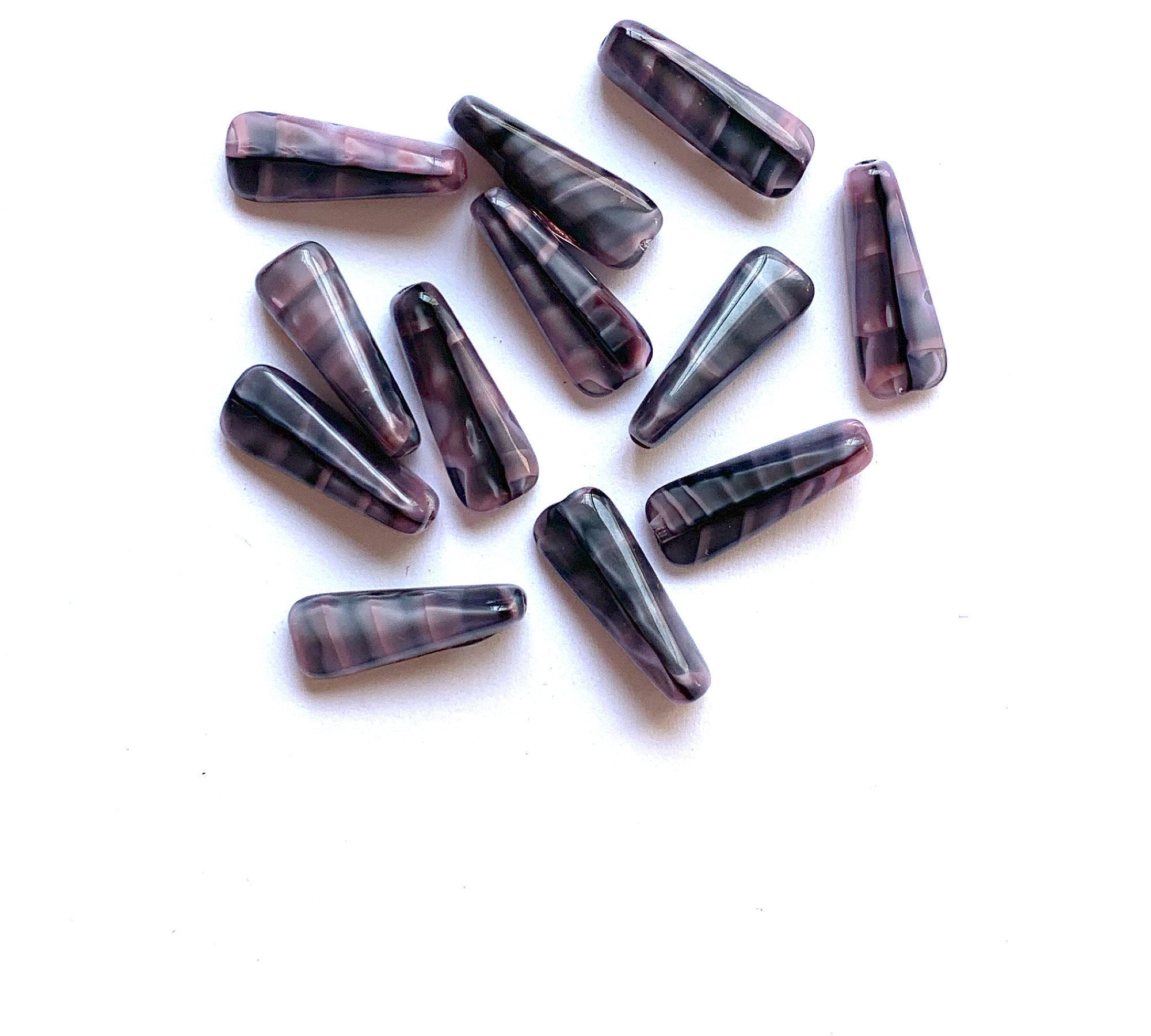 15 Czech glass triangle tube beads - 6 x 17mm marbled, striped pink & gray wedge shaped tube beads C0721