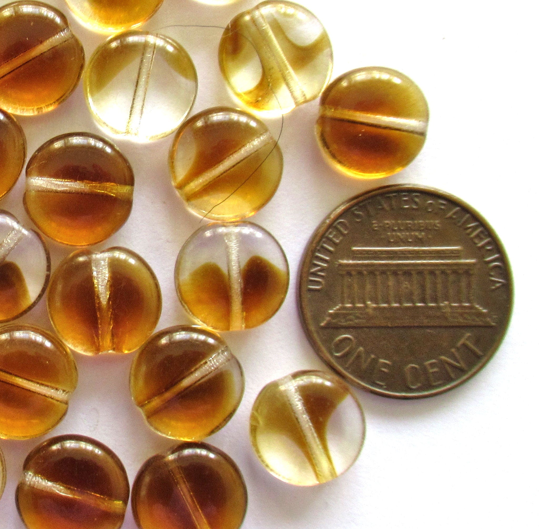 20 Czech glass coin beads - 10mm topaz brown & crystal mix disc beads C00011