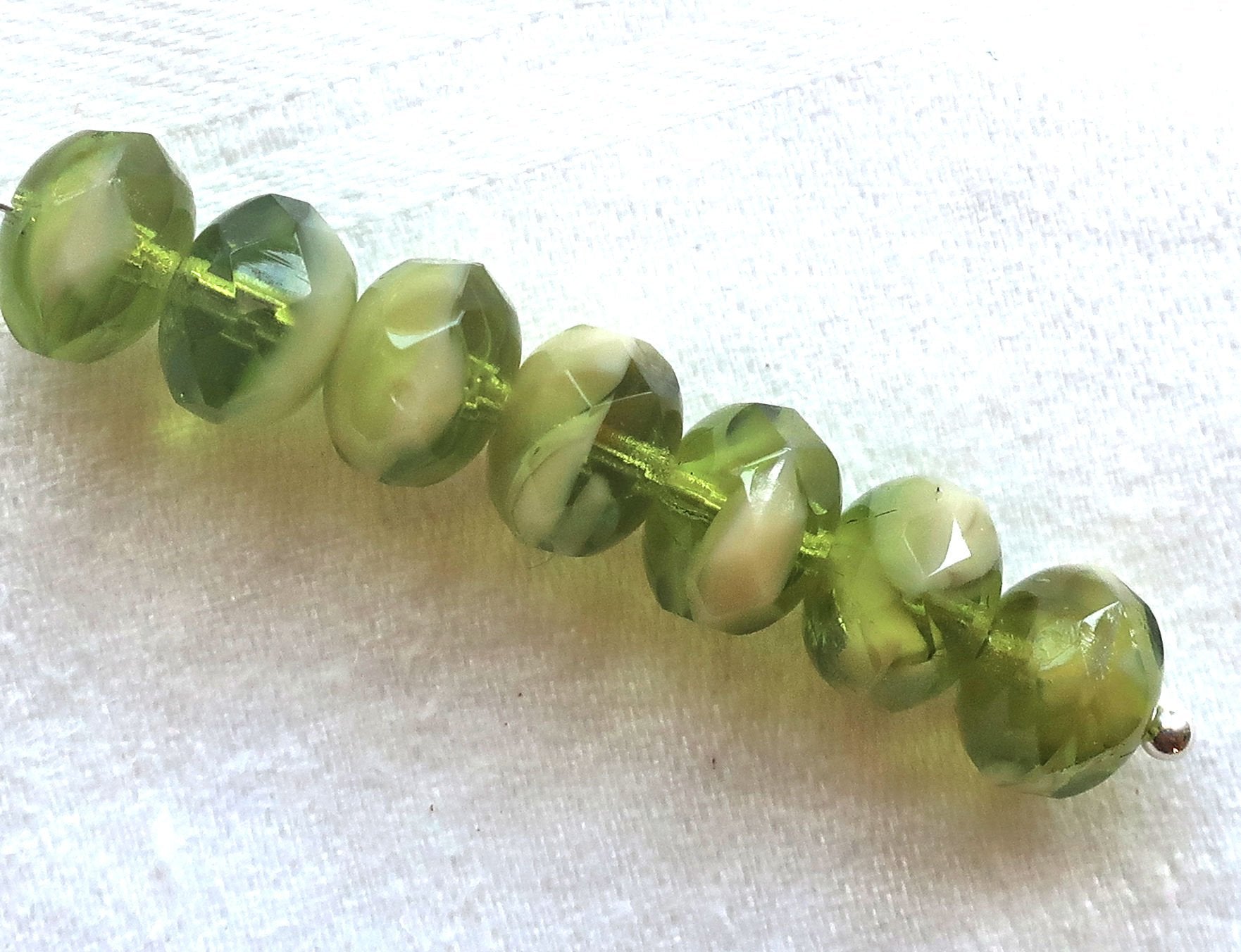 25 faceted Czech glass puffy rondelle beads, 8 x 6mm transparent & opaque marbled olivine green and white mix rondelles on sale 03101 - Glorious Glass Beads