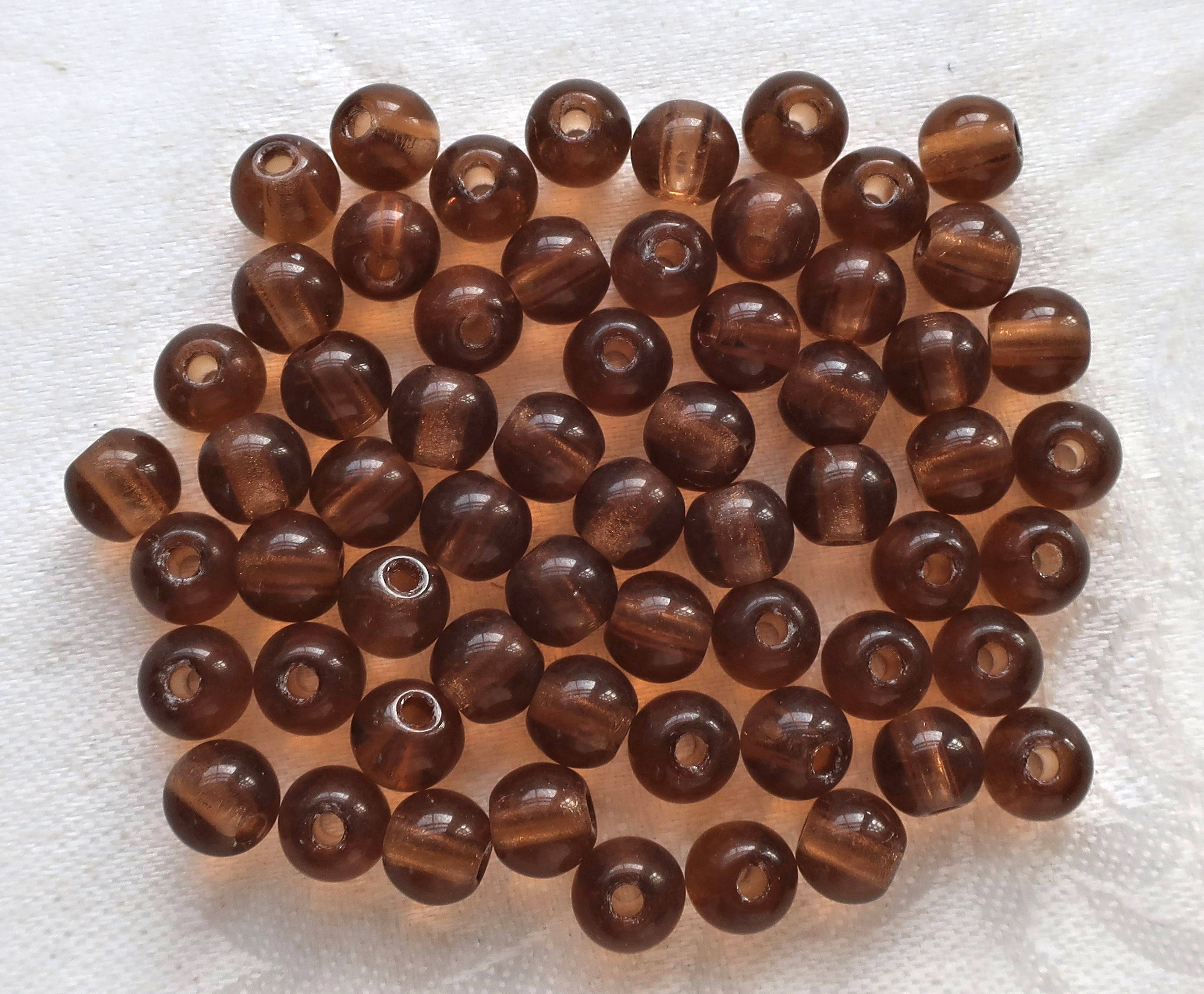 Lot of 25 8mm Czech glass big hole druk beads, smoky topaz, Brown, smooth round druksb f with 2mm holes C7201 - Glorious Glass Beads