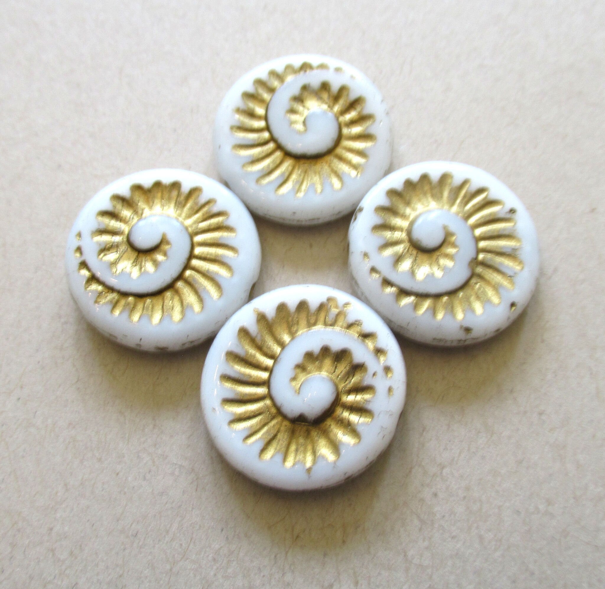 Four large Czech glass snail fossil beads - 18mm opaque white with a gold wash - coin / disc / focal beads C0054