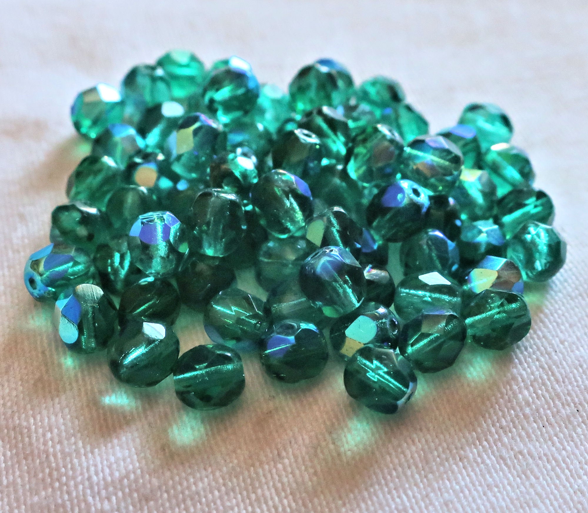Lot of 25 viridian, teal blue green AB Czech glass beads - 6mm fire polished, faceted round beads C7425