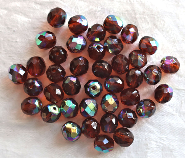 Lot of 25 8mm Czech glass beads, dark brown., Madeira Topaz, AB, faceted round firepolished glass beads C1625