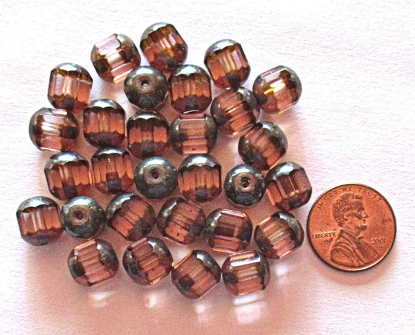 Ten Czech glass faceted cathedral or barrel beads six sides - 10mm fire polished transparent pink beads w/ picasso finish on the ends C0056