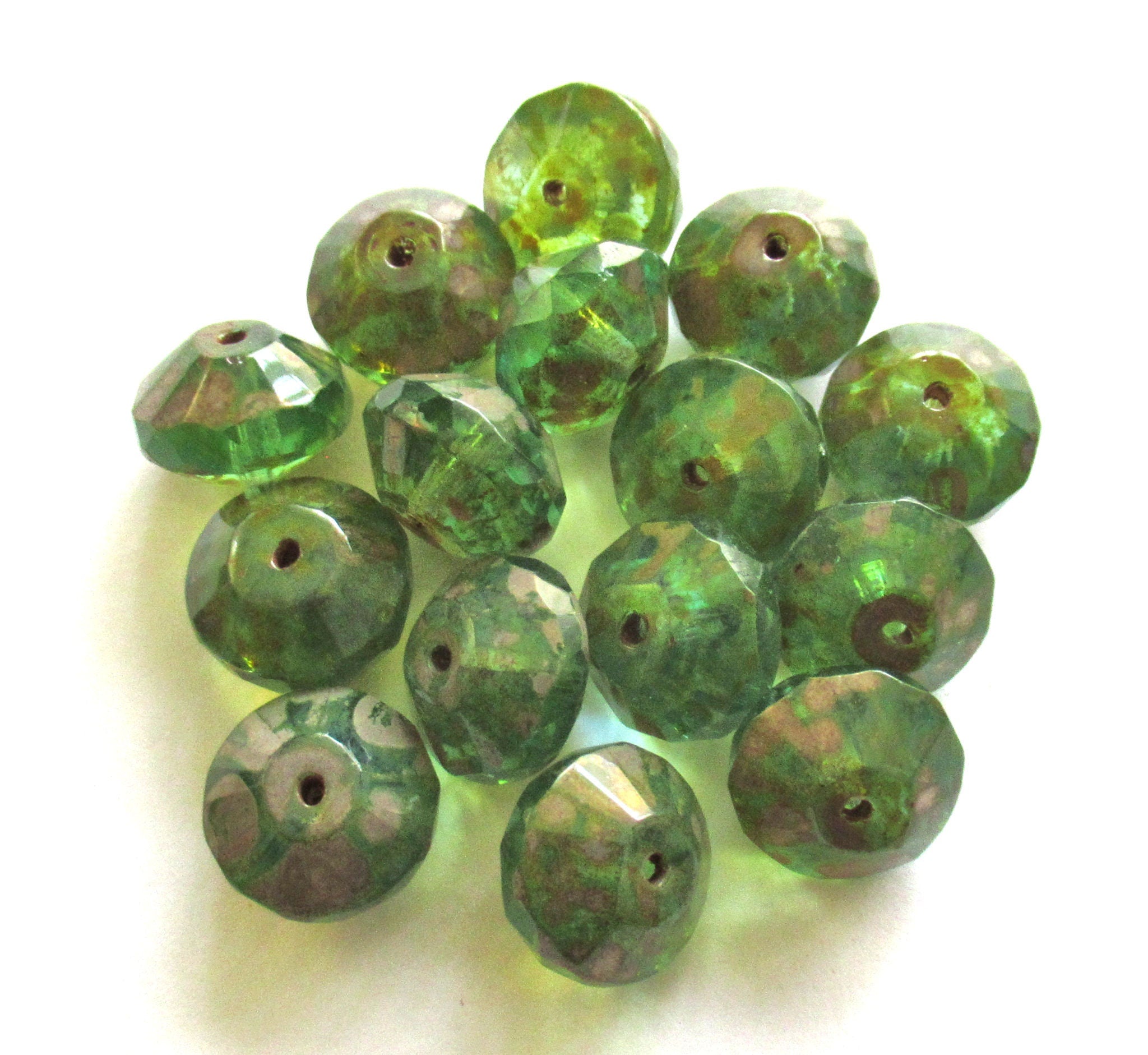 Five Czech large glass faceted rivoli saucer beads - 9 x 13mm peridot green w/ picasso finish - chunky rustic earthy beads C00822
