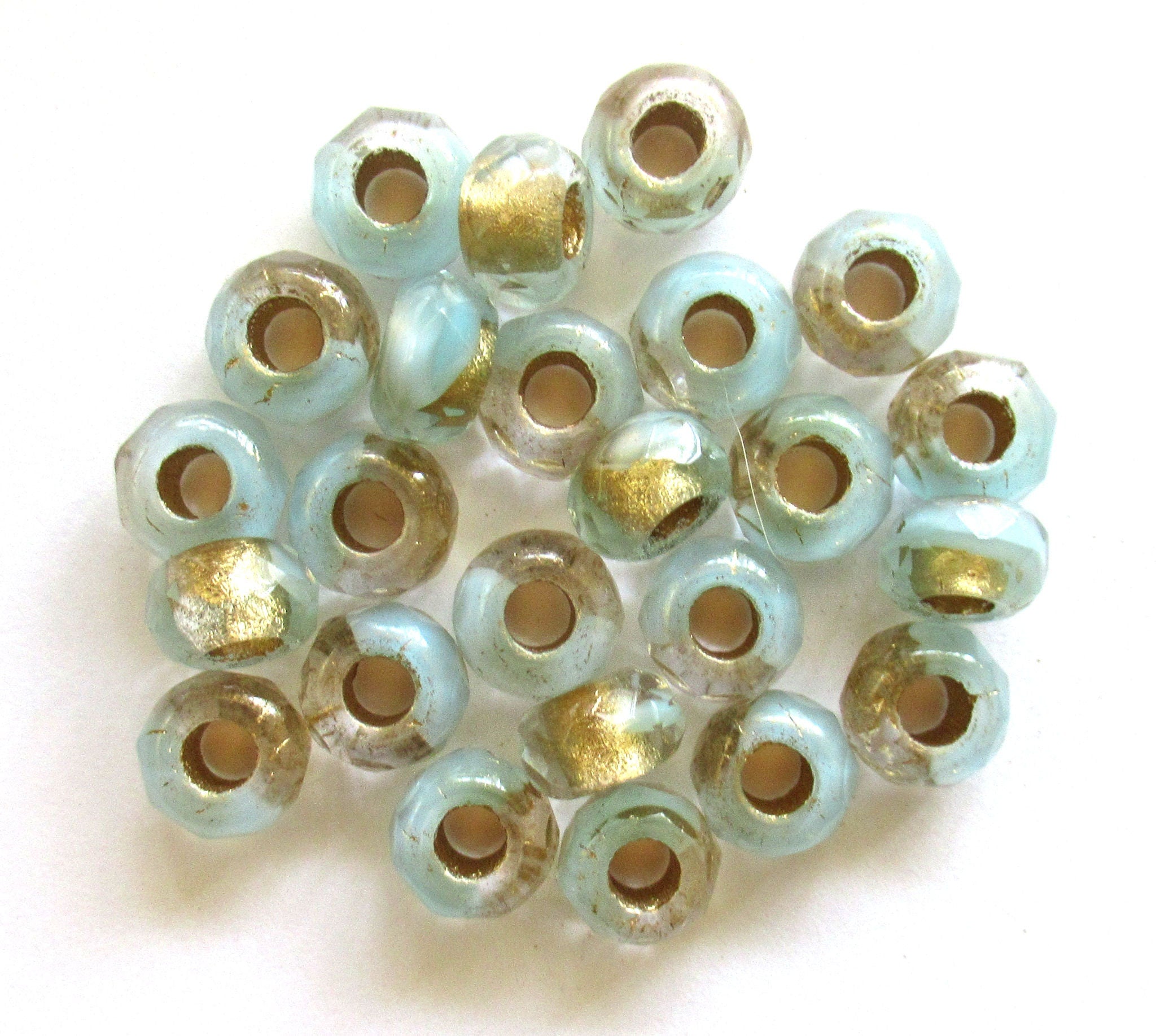 Ten Czech glass roller beads - 6 x 9mm light pastel green, crystal, gold lined, faceted roller, rondelle, big 3.5mm hole beads C00801