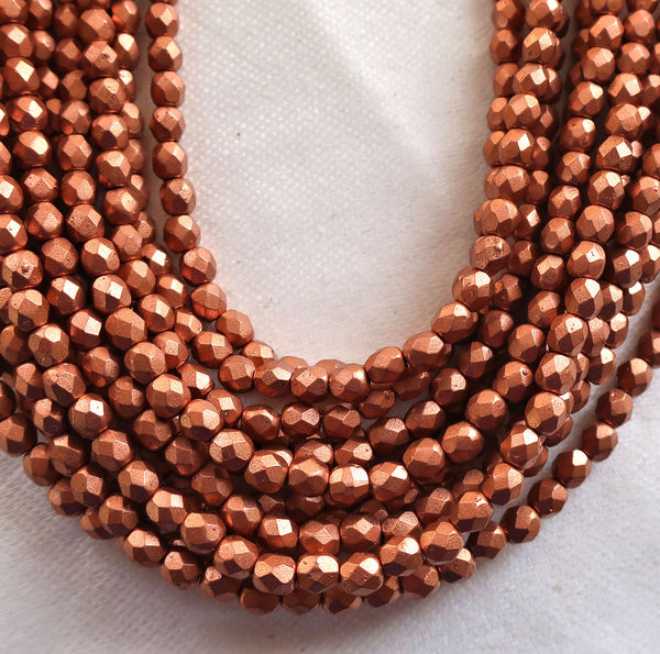 50 4mm Matte Metallic Copper Czech glass beads, firepolished, faceted round beads C8650
