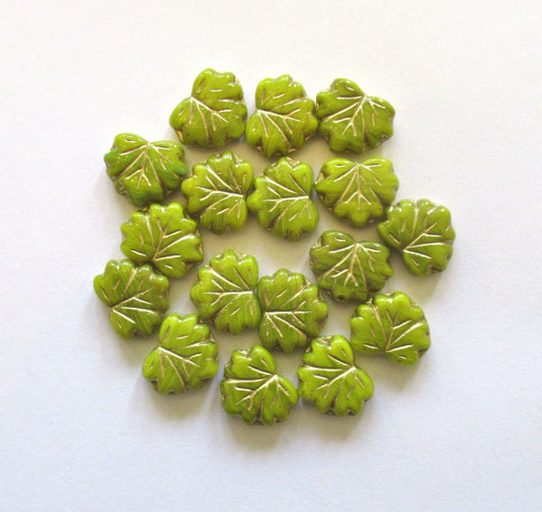 15 Czech glass maple leaf beads - opaque bright green leaves with gold accents - center drilled 13 x 11mm leaves C00121