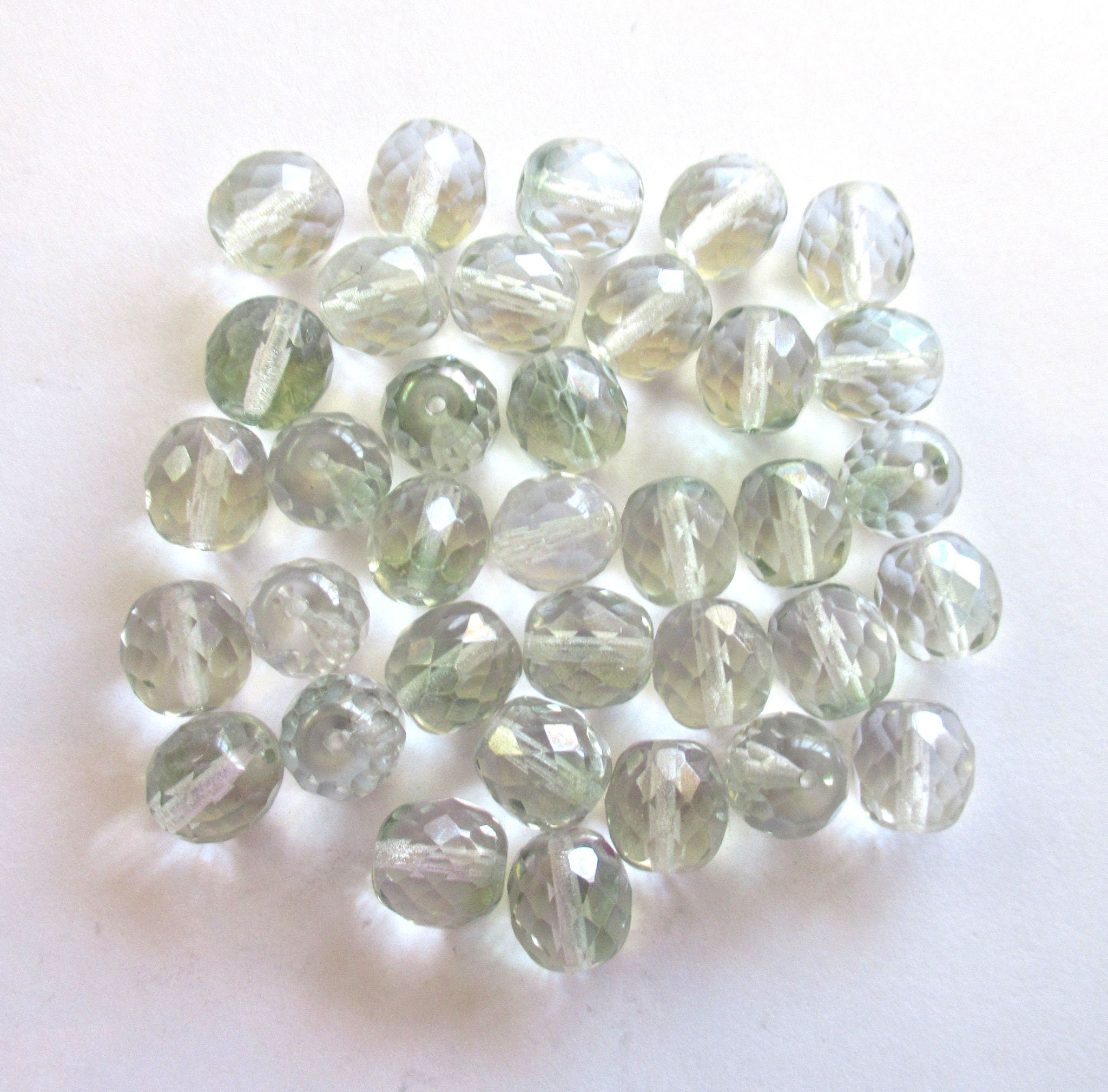 Twenty Czech glass fire polished faceted round beads - 10mm crystal clear and light mint green mix beads C0086
