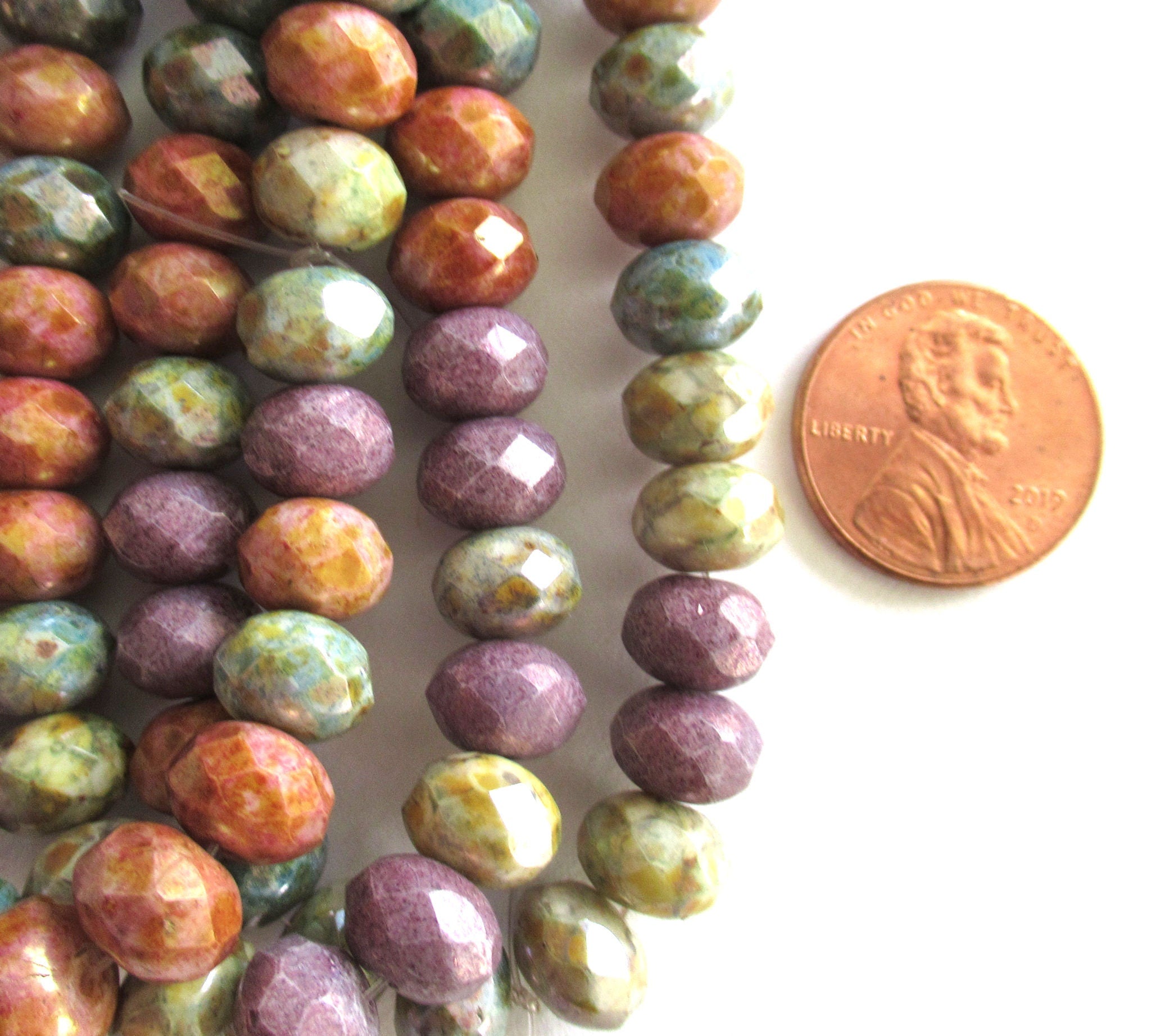 25 Czech glass faceted puffy rondelles - 6 x 8mm opaque color mix w/ picasso accents rondelle beads, 00003