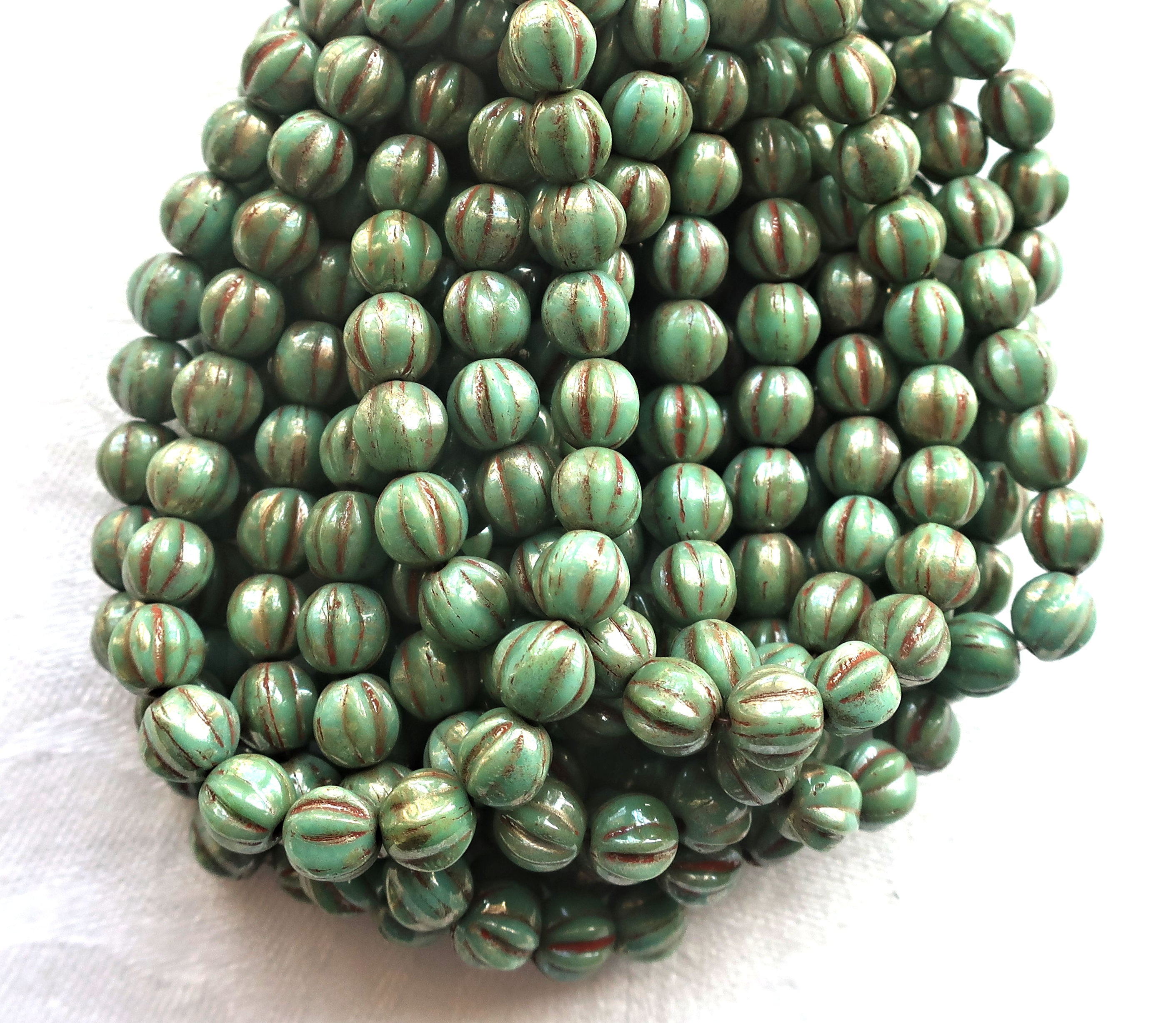Lot of 25 6mm pressed Czech glass melon beads, pea green picasso beads with coral accents C0901 - Glorious Glass Beads