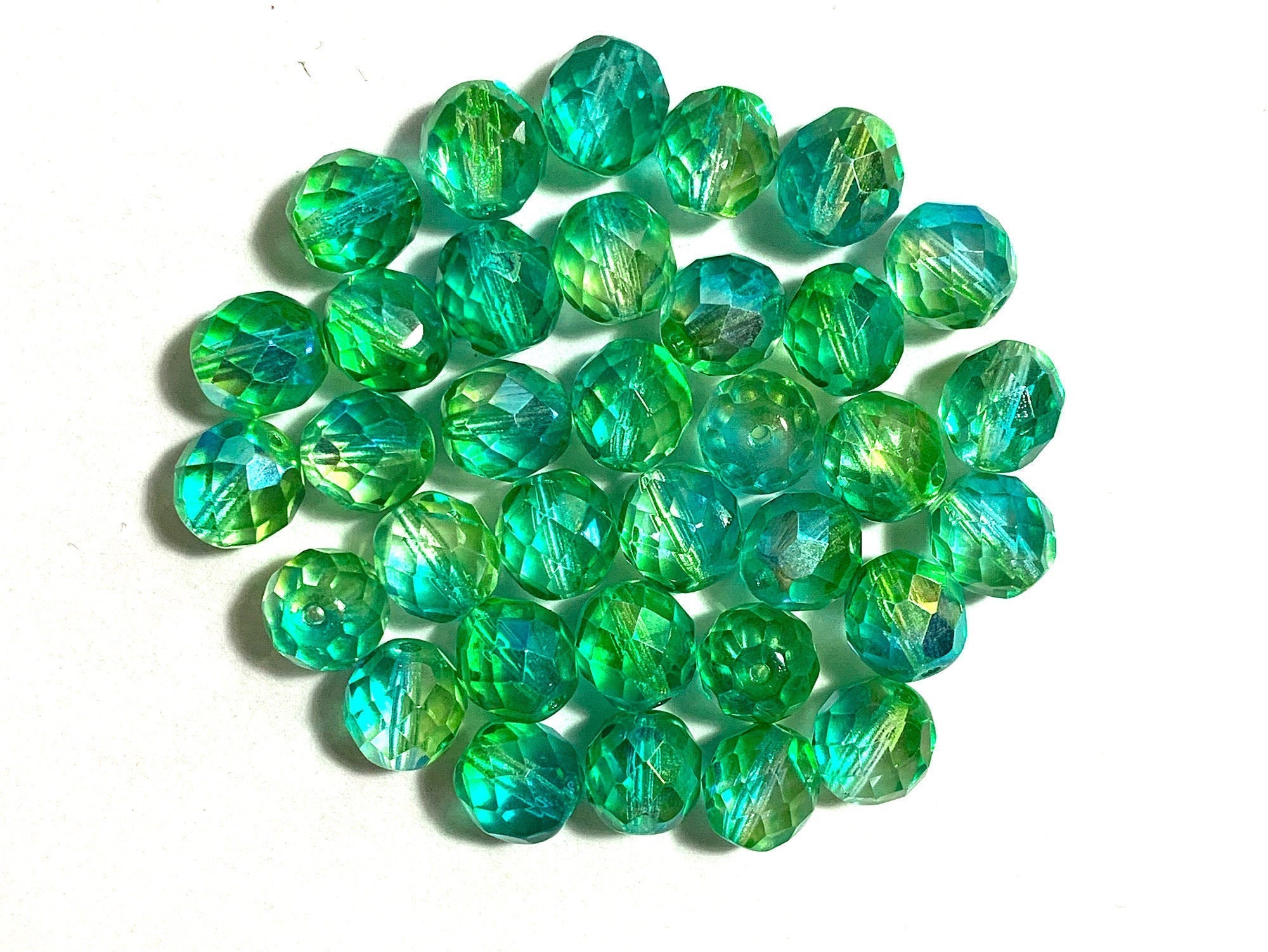 Twenty Czech glass fire polished faceted round beads - 10mm green AB color mix beads C0451
