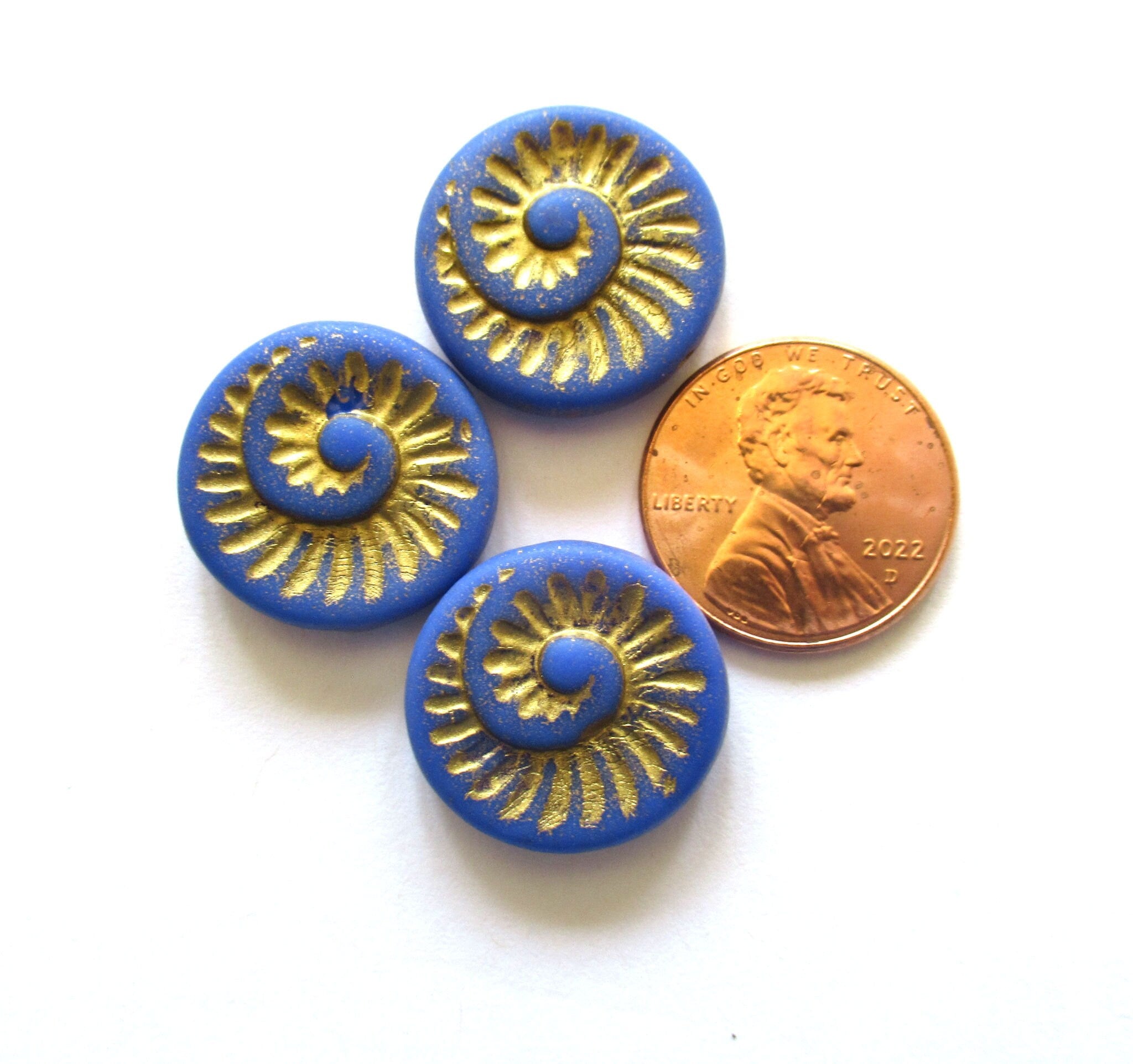 Four large Czech glass snail fossil beads - 18mm opaque matte royal blue with a gold wash - coin / disc / focal beads C0077