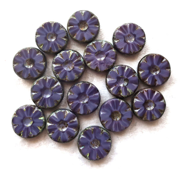 15 Czech glass flower, wheel, coin or disc beads, table cut, carved, opaque purple with gray picasso accents,12mm x 4mm, C82101