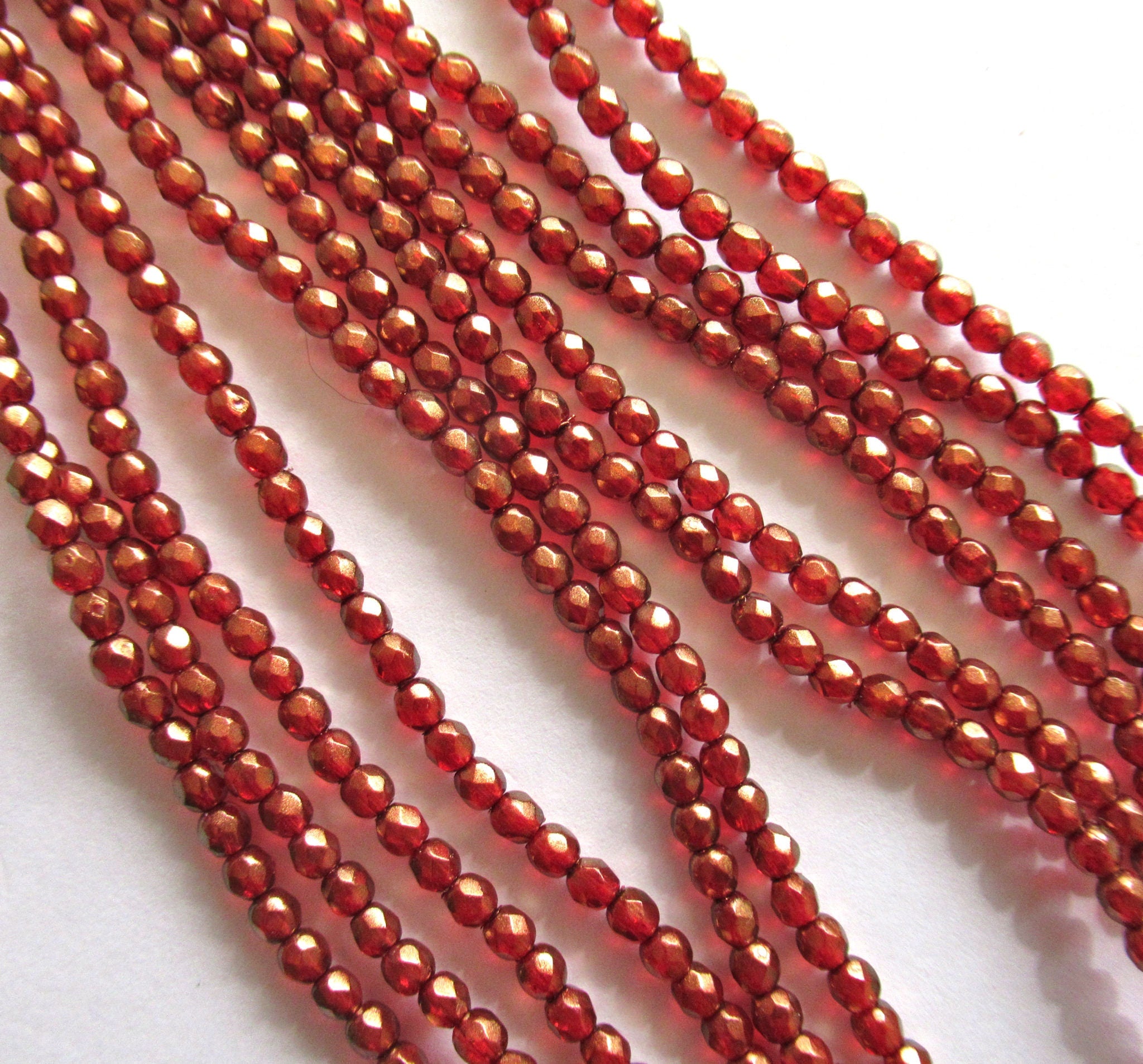 50 3mm faceted fire polished Czech glass beads - Halo Cardinal Red with a transparent gold finish - C0035