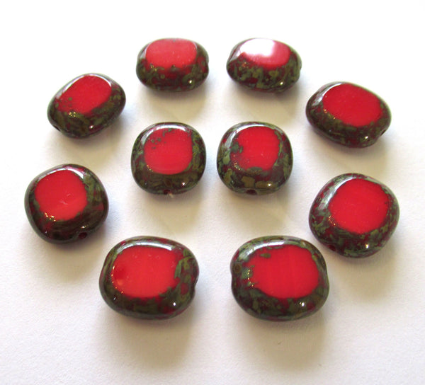 Ten Czech Glass oval beads - 14 x 12mm opaque red picasso table cut window beads beads C00711