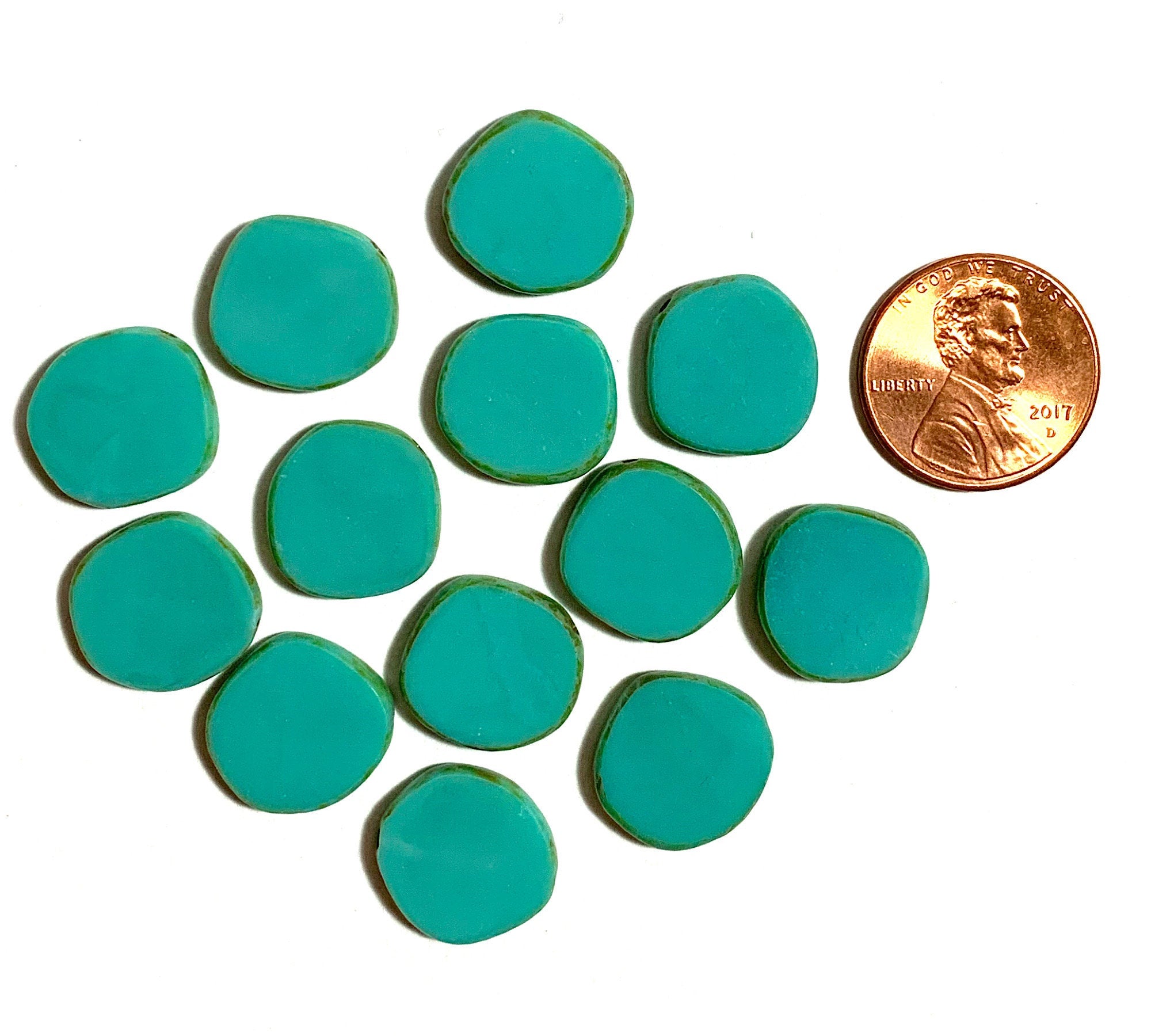 Six 15mm Czech glass asymmetrical coin or disc beads - opaque turquoise blue green Picasso table cut rustic earthy beads - C0041