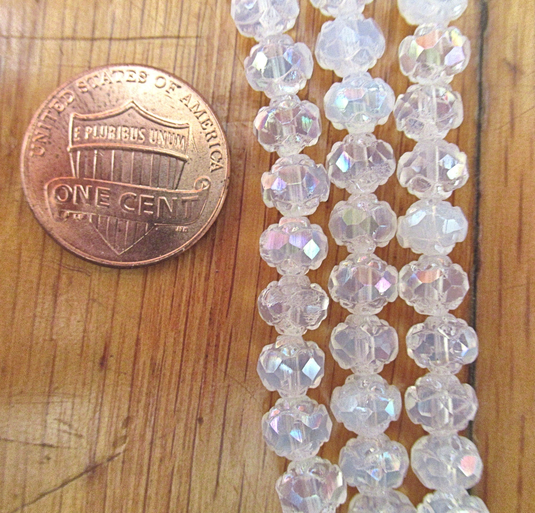 25 Czech glass small rosebud beads - Luster Iris Milky White - 5 x 6mm - faceted fire polished antique cut beads - C0007