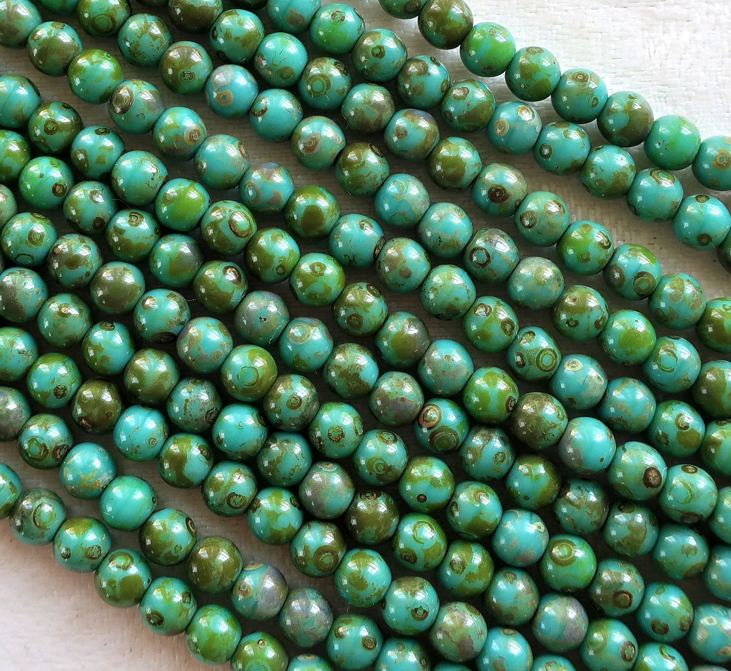 Lot of 100 4mm Opaque Turquoise Blue Picasso Czech glass druks, smooth round druk beads 40101 - Glorious Glass Beads