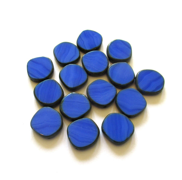 Six 15mm Czech glass asymmetrical coin or disc beads - opaque royal blue silk picasso beads - C00001