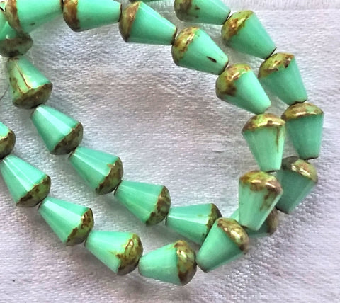 Lot of 15 8 x 6mm Czech glass teardrop beads - opaque silky mint green picasso - special cut, faceted, firepolished beads C05101 - Glorious Glass Beads