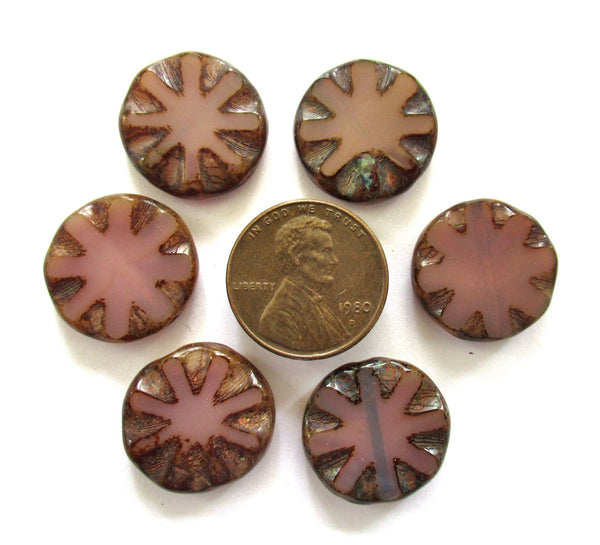 Five 18mm large Czech glass coin beads - translucent milky pinkish purple table cut carved sunburst, earthy, rustic disc beads C00251