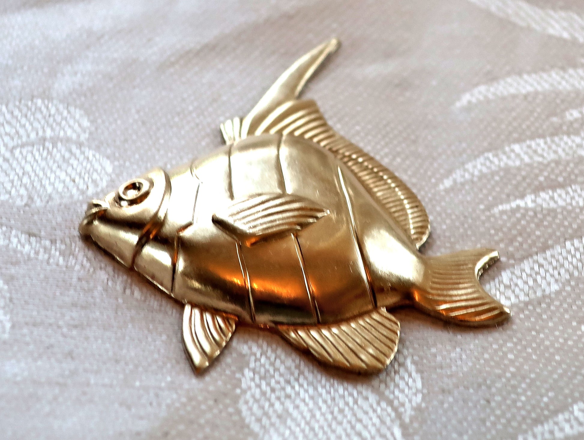 1 Angel Fish raw brass stamping, stylized 1950s retro fish, ornament, pendant, charm, component 54mm x 45mm, made in the USA 4801 - Glorious Glass Beads