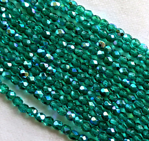 Lot of 50 3mm Emerald Green AB Czech glass beads, faceted, round, firepolished beads C7401 - Glorious Glass Beads