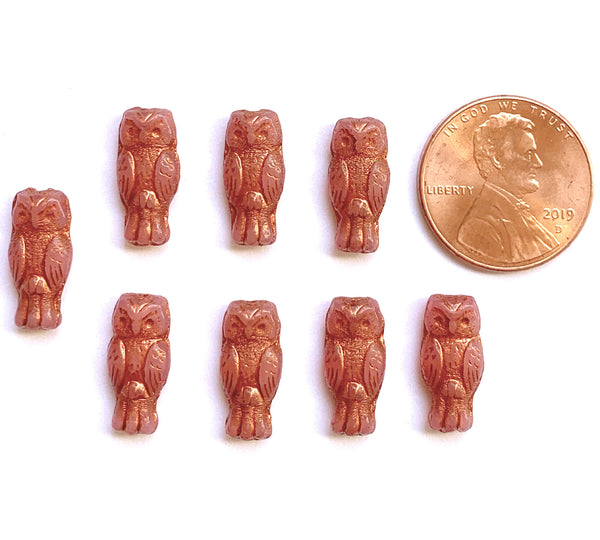 10 Czech glass owl beads - top drilled 7 x 15mm translucent pink with bronze wash pressed glass beads C0005