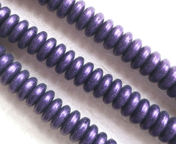 Lot of 50 6mm Czech glass rondelle beads, matte metallic purple suede flat spacers or rondelles C3801
