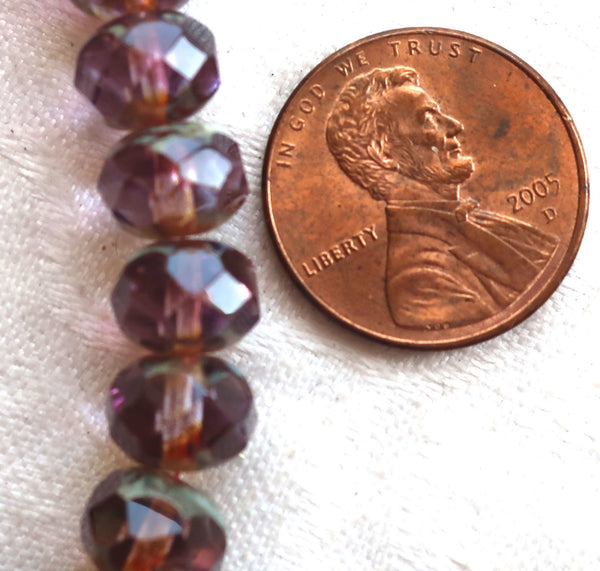 Lot of 25 Czech glass faceted puffy rondelles, 6 x 8mm transparent marbled amethyst, purple & lavender picasso, rondelle beads 00301 - Glorious Glass Beads