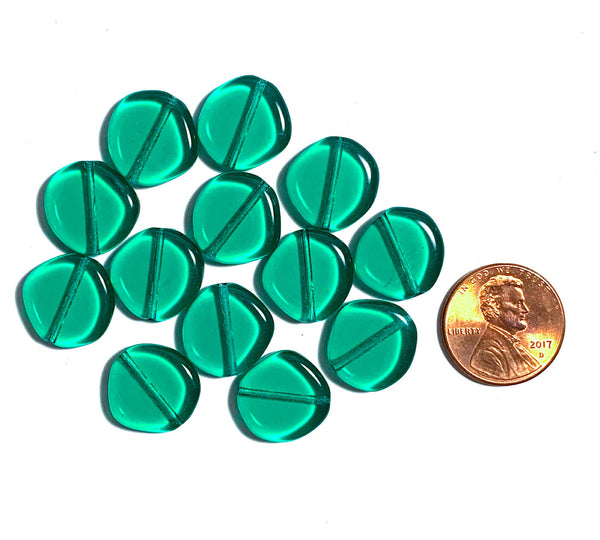Ten 15mm Czech glass asymmetrical coin or disc beads - teal blue green beads - C0084