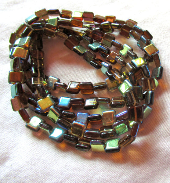 Lot of 30 8mm one hole flat square Czech glass beads - topaz brown beads with an iridescentt AB finish C10101